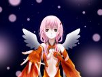  1girl bare_shoulders breasts center_opening cleavage detached_sleeves fingerless_gloves gloves guilty_crown hair_ornament hairclip hand_on_own_chest long_hair looking_at_viewer nabe-chan navel outstretched_arms pink_hair red_eyes smile solo twintails wings yuzuriha_inori 
