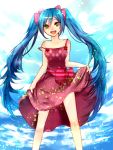  1girl :d blue_hair dress hatsune_miku long_hair open_mouth skirt_hold smile solo strap_slip twintails very_long_hair vocaloid zuihana_sumio 