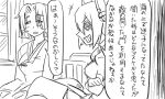  2girls comic crossed_arms crossed_legs eyepatch grin headgear hospital_gown kantai_collection monochrome multiple_girls short_hair smile tatsuta_(kantai_collection) tenryuu_(kantai_collection) tonda translation_request 