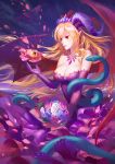  1girl bare_shoulders blonde_hair bouquet breasts cleavage demon_girl demon_wings dress elbow_gloves eyeball female flower gloves horns jewelry lamier lilith_(p&amp;d) necklace petals purple_dress purple_gloves puzzle_&amp;_dragons snake solo tiara wings 