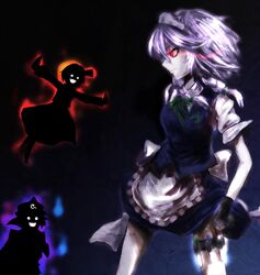  3girls :d aura braid evil fangs glowing glowing_eye haiki_(hakkyoii06) izayoi_sakuya knife maid_headdress multiple_girls open_mouth red_eyes rumia saigyouji_yuyuko short_hair silver_hair skirt smile touhou triangular_headpiece twin_braids 