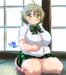  1girl belly bowtie breasts collared_shirt eyebrows fat green_eyes green_hair hand_on_own_stomach huge_breasts mikomu miniskirt nakazawa_minori no-rin seiza sitting skirt smile solo thick_eyebrows thick_thighs thighs undersized_clothes 