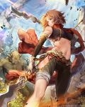  1girl bandages bare_shoulders belt blue_eyes breasts brown_hair caesty crop_top detached_sleeves dual_wielding gloves midriff mismatched_legwear navel orc polearm scarf short_hair solo_focus tattoo tenkuu_no_crystalia weapon white_gloves 