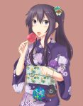  1girl akatsuki_(kantai_collection) alternate_costume black_hair candy highres japanese_clothes kantai_collection kimono lollipop long_hair no_hat obi ponytail sash solo tongue tongue_out violet_eyes water_balloon yukata 