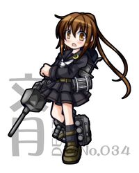  1girl brown_eyes brown_hair character_name full_body fumizuki_(kantai_collection) kantai_collection long_hair looking_at_viewer machinery open_mouth pleated_skirt ponytail school_uniform serafuku skirt solo tagme tomoe_himuro turret 