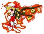  1girl blonde_hair bow byourou cake candy chocolate eating flat_chest food hat hat_bow red_eyes sharp_teeth sitting solo touhou wariza white_background wings 