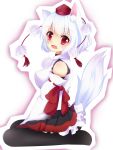  1girl animal_ears breasts cutout detached_sleeves dress fang frills hat highres inubashiri_momiji naru424 open_mouth profile red_eyes seiza short_hair simple_background sitting solo tail thigh-highs tokin_hat touhou white_hair wolf_ears wolf_tail 