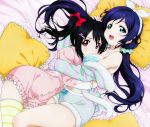  2girls absurdres aqua_eyes black_hair blue_hair bow bra hair_bow hair_ornament hairband hairclip hand_on_head highres huge_filesize long_hair love_live!_school_idol_project lying multiple_girls official_art on_side open_mouth red_eyes striped striped_legwear thighhighs toujou_nozomi twintails underwear very_long_hair yazawa_nico 