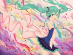  1girl :d anniversary green_eyes green_hair hair_ornament hatsune_miku headphones kise_(swimmt) long_hair looking_at_viewer necktie open_mouth outstretched_arms pleated_skirt skirt smile solo spread_arms tagme twintails vocaloid wind 