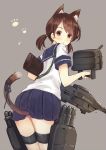  1girl animal_ears brown_eyes brown_hair cat_ears cat_tail from_behind grey_background kantai_collection kemonomimi_mode looking_at_viewer looking_back machinery school_uniform serafuku shirayuki_(kantai_collection) short_hair short_twintails skirt solo sumisu_(mondo) tail twintails twitter_username 
