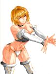  1girl absurdres alternate_costume arcueid_brunestud bare_shoulders blonde_hair boots bra breasts bridal_gauntlets cleavage collar detached_sleeves highres jam_(ggsol) large_breasts marker_(medium) melty_blood panties red_sclera scan short_hair side-tie_panties slit_pupils solo strapless_bra thigh_boots thighhighs thighs traditional_media tsukihime underwear warcueid white_background yellow_eyes 