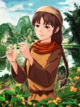  1girl braid brown_eyes brown_hair bug butterfly chinese_clothes closed_mouth clouds hat leaf ling_shen_hua long_hair mountain raikou_(ff) shenmue solo water yorimitsu 