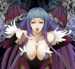  1girl arm_warmers bangs bare_shoulders bat_print bat_wings blue_hair blunt_bangs breasts cleavage demon_girl fangs feathers fingernails fur_trim gradient_hair hand_on_hip head_wings highleg highleg_leotard large_breasts leaning leaning_forward leotard long_fingernails long_hair morrigan_aensland multicolored_hair open_mouth pantyhose pointing pointing_at_viewer print_legwear purple_hair purple_legwear purple_nails seqet-aru solo succubus teeth vampire_(game) very_long_hair violet_eyes wings 