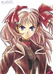  1girl blue_eyes bow brown_hair coat hair_bow link_(aa30) long_hair raquel_applegate serious shirt solo twitter_username two_side_up white_background wild_arms wild_arms_4 