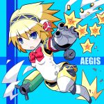  1girl aegis aegis_(persona) android blonde_hair blue_eyes blue_hair blush bow bullet character_name headphones open_mouth persona persona_3 short_hair solo yuuno 