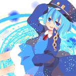  1girl :d adapted_costume alternate_costume blue_eyes blue_hair cirno coat hat looking_at_viewer mob_cap open_mouth short_hair smile solo tedamarutarou touhou 