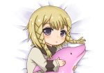  1girl absurdres black_bullet blonde_hair braid greenteaneko highres looking_at_viewer lying parted_lips pillow pillow_hug senju_kayo short_hair solo stuffed_animal stuffed_dolphin stuffed_toy tagme twin_braids violet_eyes 