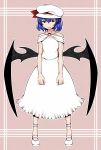  1girl alternate_costume aoshima arms_at_sides bat_wings brooch collarbone dress highres jewelry lavender_hair looking_at_viewer mob_cap off_shoulder red_eyes remilia_scarlet short_hair solo touhou white_dress wings 