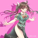  1girl :d blush brown_eyes brown_hair hair_between_eyes hair_ribbon kantai_collection long_hair no_panties open_mouth outstretched_arms ribbon serino_itsuki side_slit smile solo spread_arms tone_(kantai_collection) twintails 
