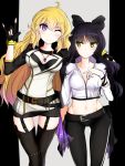  2girls arm_around_shoulder belt black_gloves black_hair black_legwear blake_belladonna blonde_hair bow fingerless_gloves garter_straps gloves hair_bow jewelry long_hair midriff miniskirt multiple_girls navel necklace one_eye_closed pants pendant rwby shirt skirt smile thigh-highs very_long_hair violet_eyes yang_xiao_long yellow_eyes zettai_ryouiki zibun_owl 