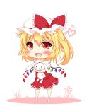  1girl :d blonde_hair blush carrying chibi fang flandre_scarlet hat heart highres looking_at_viewer mob_cap object_hug open_mouth red_eyes side_ponytail sisterakuma smile solo stuffed_animal stuffed_bunny stuffed_toy tagme touhou wings 