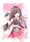  1girl :d akagi_(kantai_collection) brown_eyes brown_hair cherry_blossoms japanese_clothes kantai_collection leaf leaf_background light_smile long_hair looking_at_viewer muneate nanase_nao open_mouth paper_airplane pleated_skirt skirt smile solo standing 