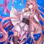  1girl biting black_legwear blue_eyes cape epaulettes garrison_cap garter_straps glove_biting gloves hat highres long_hair megurine_luka military military_uniform monogo pink_hair skirt solo thigh-highs uniform very_long_hair vocaloid white_gloves 