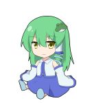  1girl bare_shoulders belly_peek chibi collared_shirt detached_sleeves frog_hair_ornament green_hair hair_ornament hair_tubes highres kochiya_sanae kuyuri_y light_smile long_hair sitting skirt sleeveless sleeveless_shirt smile snake_hair_ornament solo touhou yellow_eyes 