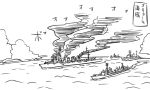  comic cruiser destroyer kantai_collection monochrome no_humans ocean smoke tonda translation_request warship 