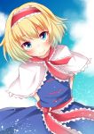  1girl alice_margatroid arms_behind_back blonde_hair blue_eyes capelet hairband highres lolita_hairband looking_at_viewer short_hair sisterakuma smile solo tagme touhou 