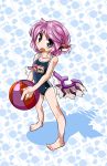  1girl ball beachball bird_ear bird_wings byourou collarbone mystia_lorelei one-piece_swimsuit open_mouth pink_eyes pink_hair school_swimsuit solo swimsuit touhou 