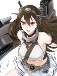  1girl breasts brown_hair hairband kantai_collection large_breasts long_hair machinery midriff nagato_(kantai_collection) navel open_mouth red_eyes solo water_droplets zuwai_kani 