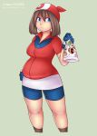 1girl :&lt; bag bandana belly bike_shorts blue_eyes brown_hair food hand_on_hip haruka_(pokemon) highres iveo jacket miniskirt plump pokemon skirt solo 