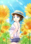  1girl :d blue_eyes brown_hair casual field flower flower_field hat hinata_yuu looking_at_viewer looking_back open_mouth original short_hair smile solo sunflower tagme 