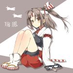  1girl airplane arm_support armor brown_eyes brown_hair headband japanese_clothes kantai_collection looking_at_viewer mishima_kurone muneate ponytail sandals sitting sleeves_past_wrists socks solo zuihou_(kantai_collection) 