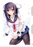 1girl ahoge aquavit black_legwear blue_skirt blush breasts kantai_collection kappougi looking_at_viewer low_twintails magatama neckerchief pantyhose pleated_skirt purple_hair red_eyes sailor_collar skirt solo taigei_(kantai_collection) tears torn_clothes torn_sleeves twintails 
