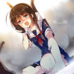  1girl ahoge blue_eyes braid brown_hair crying gloves kantai_collection long_hair machinery mishima_kurone open_mouth rain shigure_(kantai_collection) solo tears torn_clothes turret 