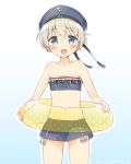  1girl beret bikini_top blue_eyes blush clothes_writing grey_hair hat looking_at_viewer navel open_mouth shima_(shima_je) short_hair simple_background smile solo swimsuit white_background z1_leberecht_maass_(kantai_collection) 