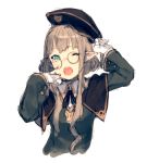  1girl blue_eyes brown_hair capelet glasses gloves hat junwool open_mouth original payot pointy_ears round_glasses short_hair simple_background sketch solo tears white_background white_gloves wink yawning 