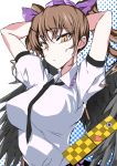  1girl arms_behind_head ballpoint_pen_(medium) between_breasts bird_wings black_wings bow breasts brown_eyes brown_hair bust cellphone hair_bow hat himekaidou_hatate large_breasts looking_at_viewer necktie necktie_between_breasts onoderasan phone puffy_short_sleeves puffy_sleeves shirt short_sleeves solo tokin_hat touhou traditional_media twintails wings 