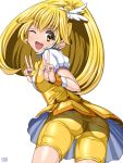  1girl anzu_(onelelee) ass bike_shorts blonde_hair blush choker cure_peace double_v hair_ornament kise_yayoi long_hair magical_girl open_mouth ponytail precure shorts_under_skirt skirt smile smile_precure! solo v wrist_cuffs yellow_eyes yellow_skirt 