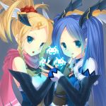  2girls bare_shoulders blonde_hair blue_eyes blue_hair braid elbow_gloves fingernails fur_trim gloves hair_ornament highres idunn_&amp;_idunna licking_lips long_hair long_sleeves multiple_girls nano00 pointing ponytail puzzle_&amp;_dragons scarf sleeveless space_invaders tongue tongue_out twin_braids twintails vambraces very_long_hair 