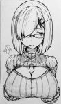  absurdres between_breasts breasts chest cleavage glasses hair_ornament hairclip hamakaze_(kantai_collection) highres kantai_collection kei_(soundcross) monochrome open-chest_sweater short_hair sketch sweater 