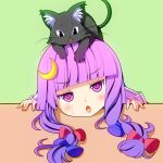  1girl animal_on_head blush bow cat cat_on_head crescent crescent_hair_ornament hair_bow hair_ornament long_hair oimonocake open_mouth patchouli_knowledge purple_hair solo touhou violet_eyes 