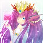  1girl ;o arm_warmers armlet bare_shoulders big_hair blue_eyes blush bust colored_eyelashes coral fingernails head_fins heart highres jewelry lips long_hair looking_back nano00 one_eye_closed open_mouth purple_hair puzzle_&amp;_dragons shell shell_bikini siren_(p&amp;d) solo tiara very_long_hair 