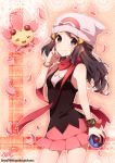  1girl beanie black_eyes black_hair blush bracelet cherrim hair_ornament hairclip hat highres hikari_(pokemon) holding holding_poke_ball jewelry kisaragi_itsuka_(aufheben) long_hair looking_at_viewer miniskirt petals pink_skirt poke_ball pokemon pokemon_(creature) pokemon_(game) pokemon_dppt poketch red_scarf scarf signature skirt sleeveless smile watch 