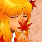  1girl aki_shizuha blonde_hair leaf long_hair maple_leaf onikobe_rin smelling touhou yellow_eyes 