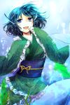  1girl :d blue_hair frilled_sleeves frills head_fins japanese_clothes kimono kozuki_kai mermaid monster_girl obi open_mouth sash short_hair smile touhou wakasagihime 