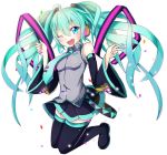  1girl aqua_eyes aqua_hair boots detached_sleeves hatsune_miku headphones long_hair necktie one_eye_closed open_mouth skirt solo sylphine thigh-highs thigh_boots twintails v very_long_hair vocaloid white_background 