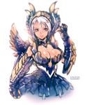  1girl absurdres armor artist_name blurry breasts dated highres large_breasts looking_at_viewer monster_hunter parted_lips rondo_bell solo white_background white_hair 